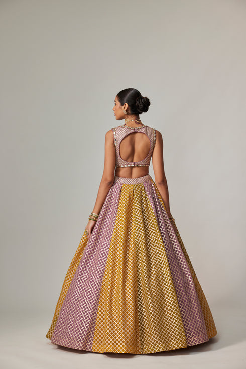 Mustard Multicolor Crop Top With Skirt